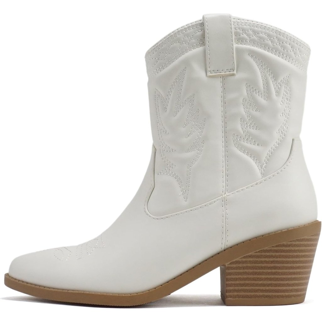 Women's White Western Cowgirl Stitched Mid Calf Ankle Boots Side Zipper